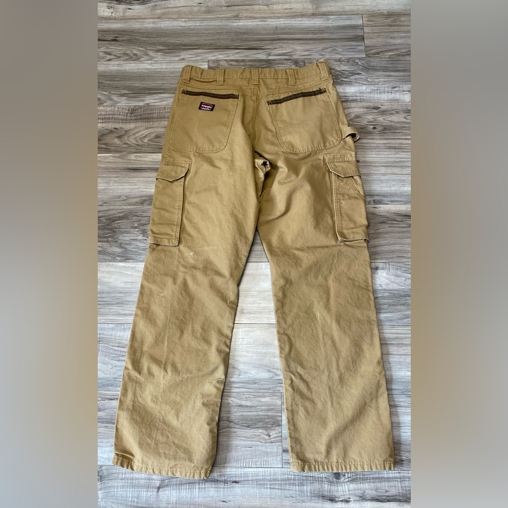 Wrangler Workwear Cargo Pants Mens 34x31 Canvas Khaki Tan Heavy Duty Distressed - Picture 5 of 9